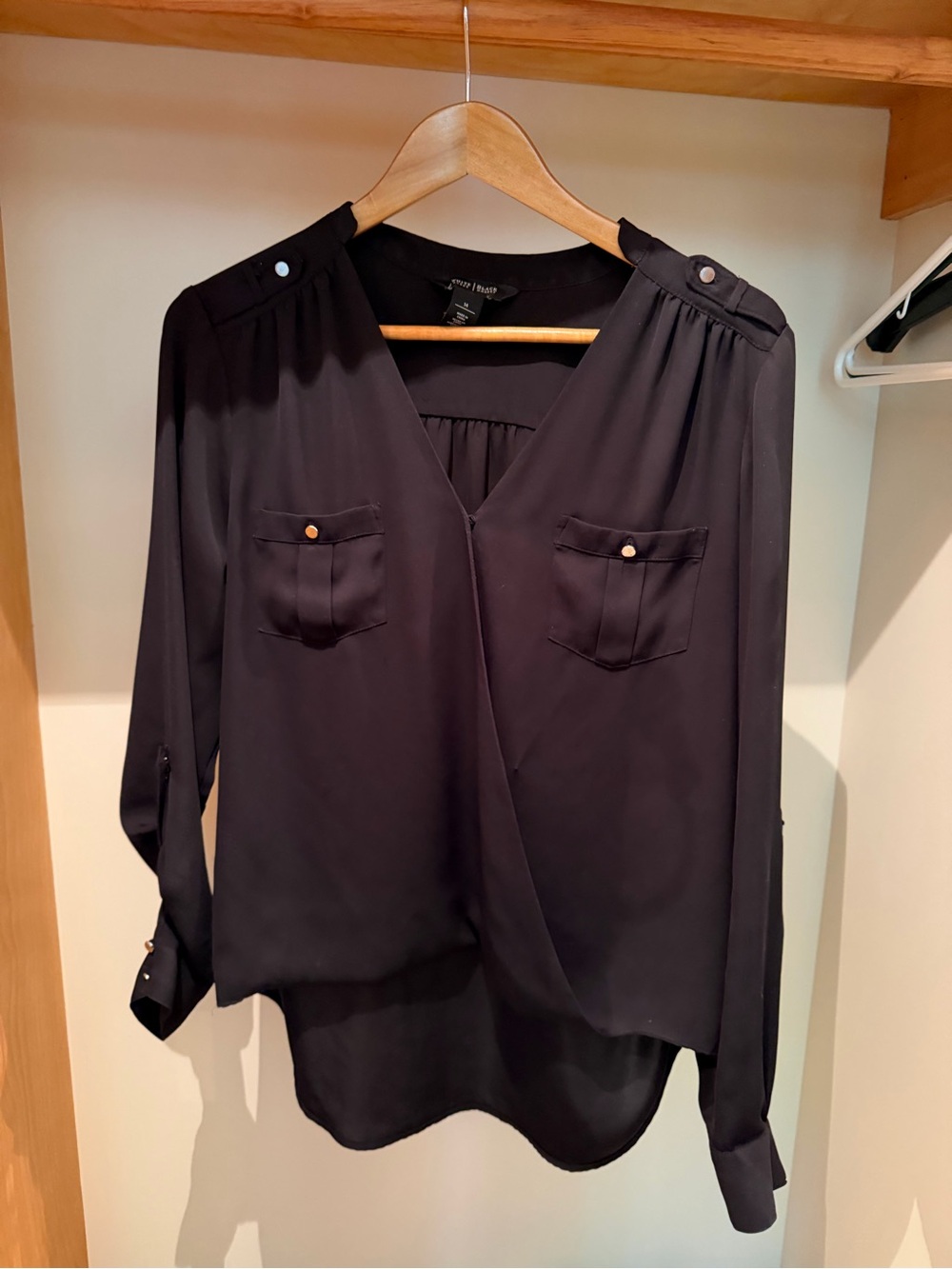 White House Black Market Black Surplice Button-Pocket Blouse